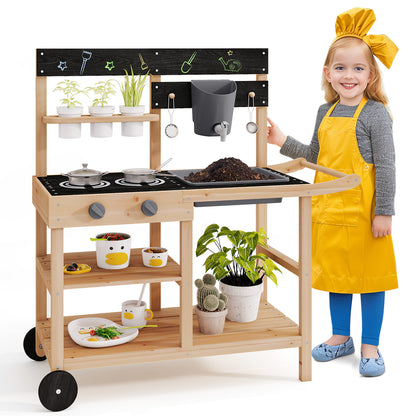Outdoor Fir Wood Mud Kitchen with Wheels and Accessories-Natural