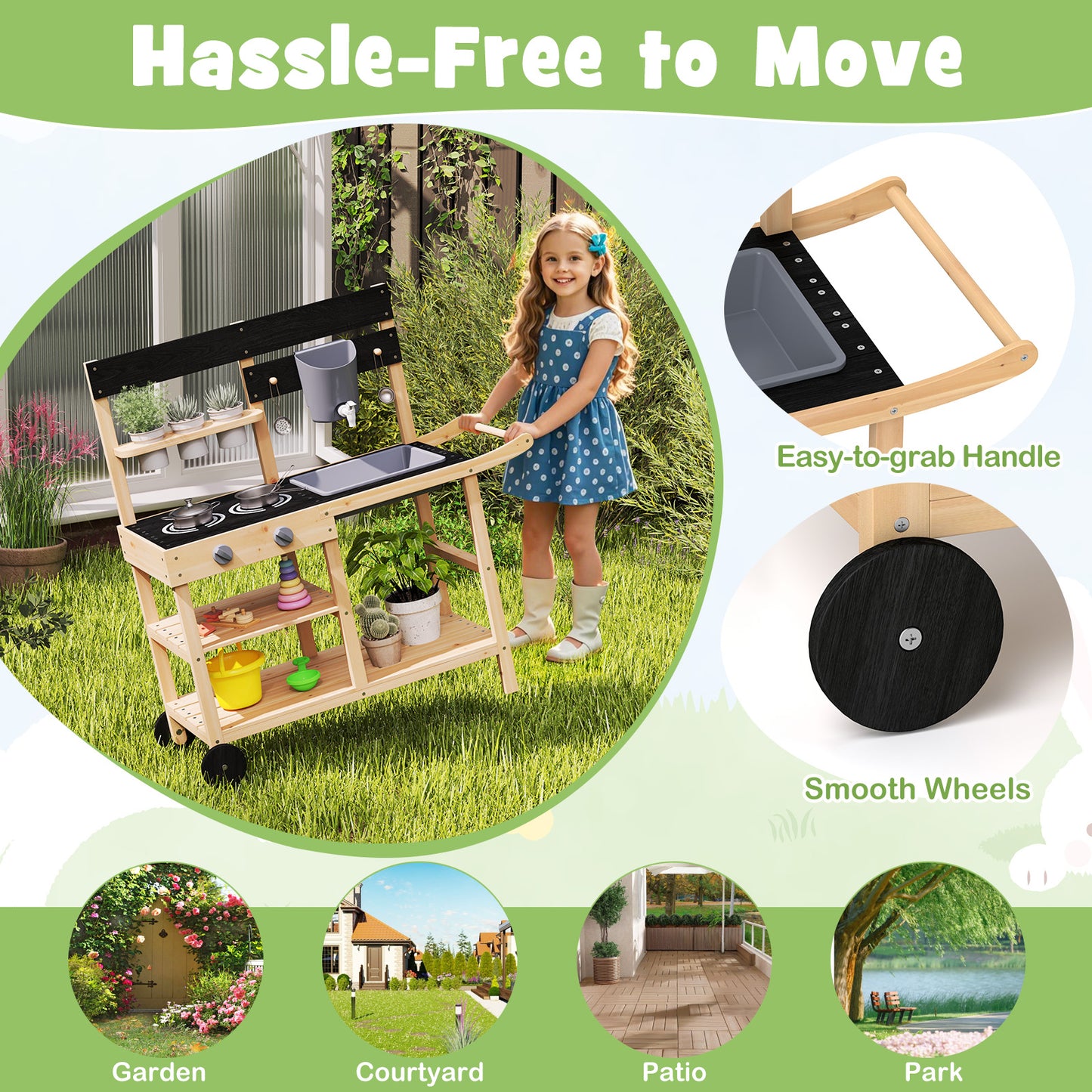 Outdoor Fir Wood Mud Kitchen with Wheels and Accessories-Natural