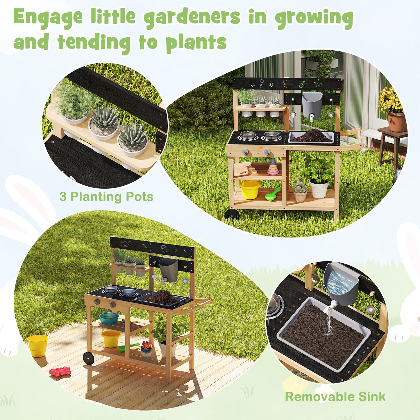 Outdoor Fir Wood Mud Kitchen with Wheels and Accessories-Natural