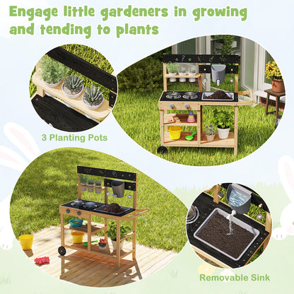 Outdoor Fir Wood Mud Kitchen with Wheels and Accessories-Natural