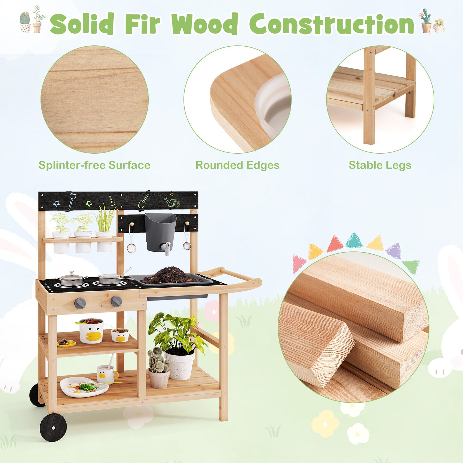 Outdoor Fir Wood Mud Kitchen with Wheels and Accessories-Natural