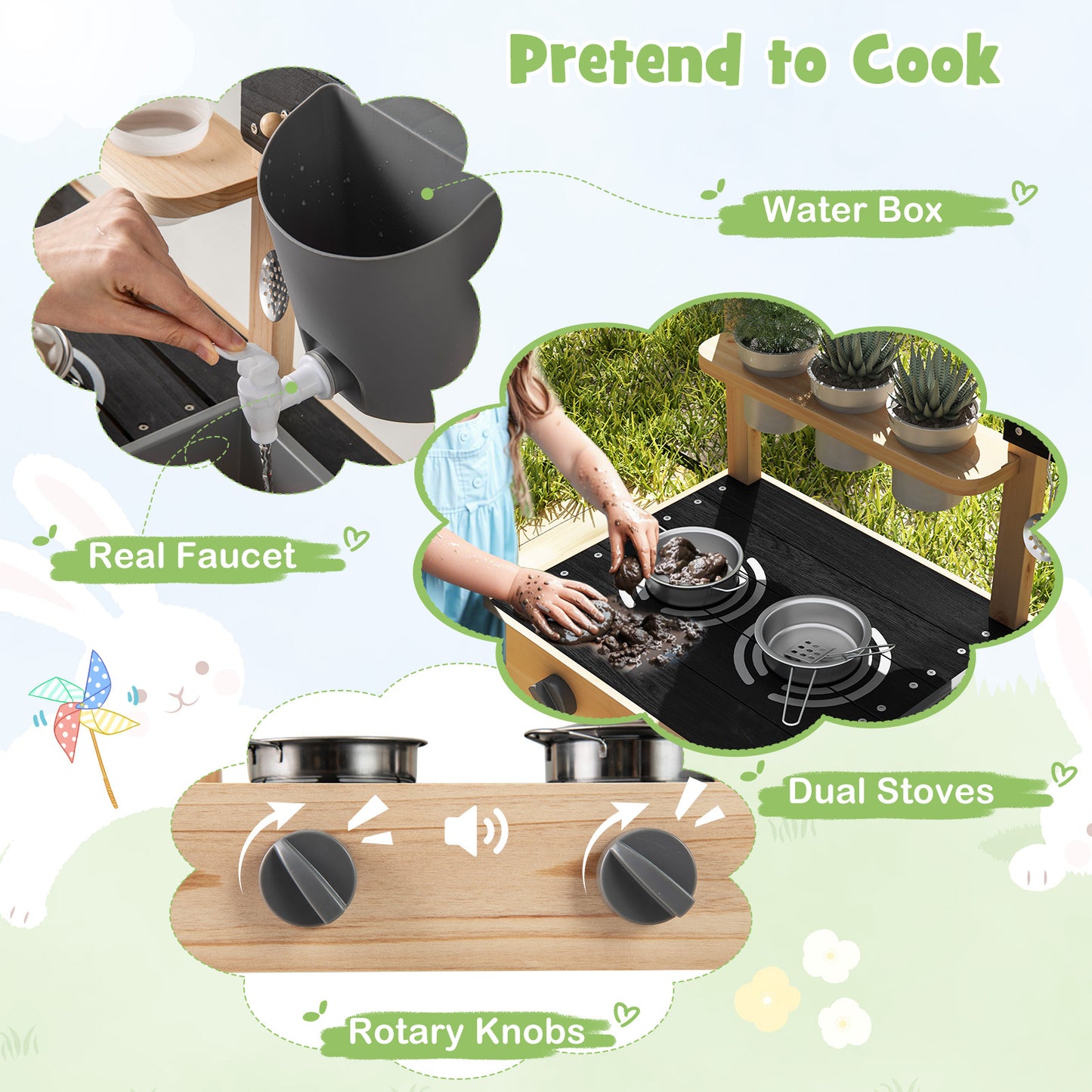 Outdoor Fir Wood Mud Kitchen with Wheels and Accessories-Natural