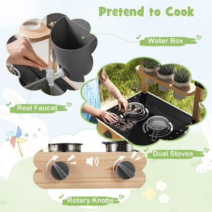 Outdoor Fir Wood Mud Kitchen with Wheels and Accessories-Natural