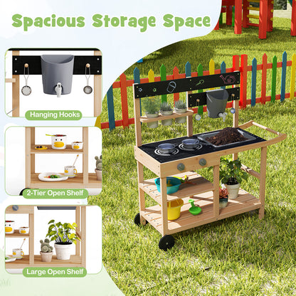 Outdoor Fir Wood Mud Kitchen with Wheels and Accessories-Natural