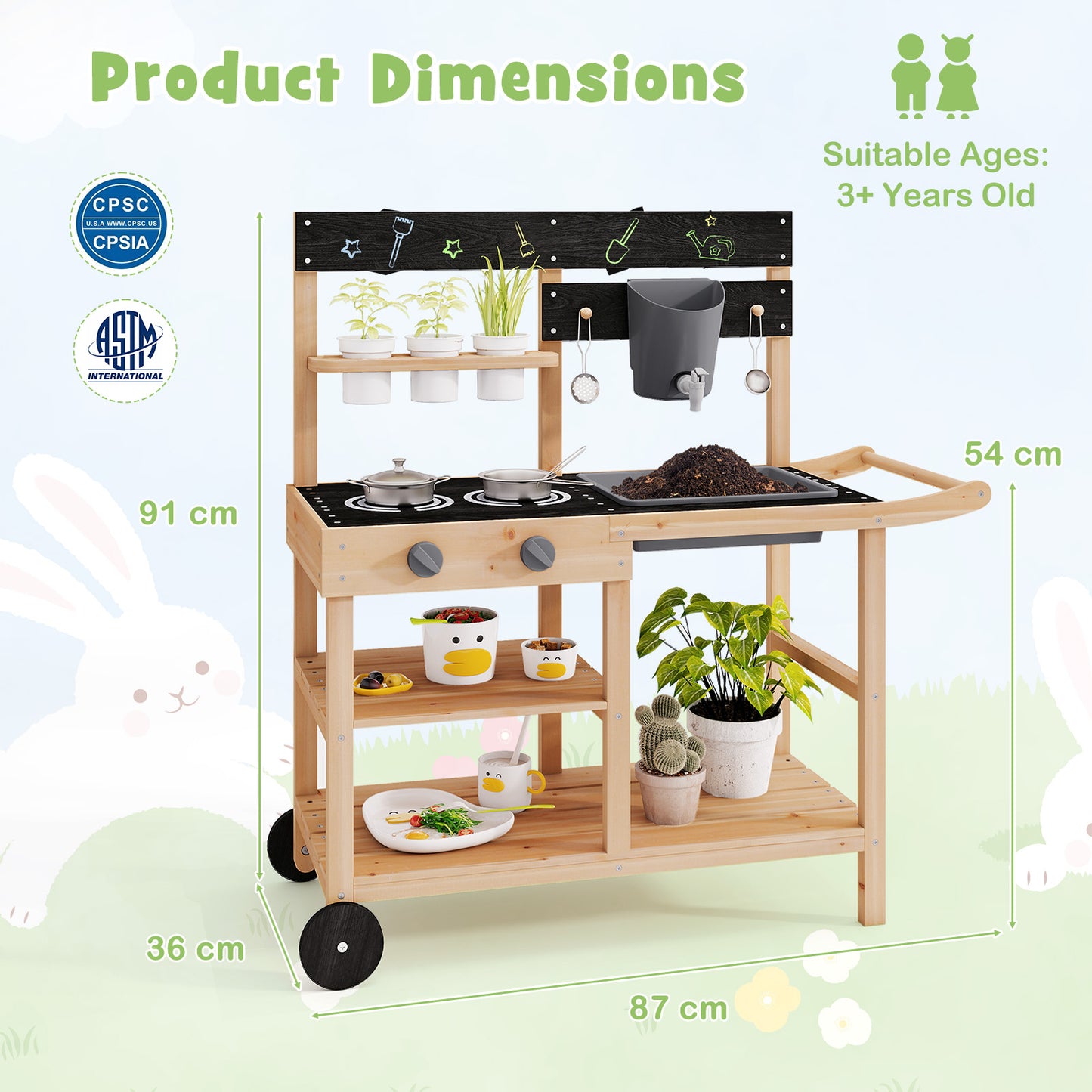 Outdoor Fir Wood Mud Kitchen with Wheels and Accessories-Natural