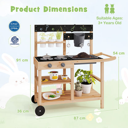 Outdoor Fir Wood Mud Kitchen with Wheels and Accessories-Natural