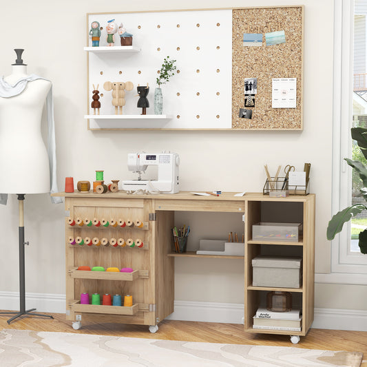 Multifunctional Sewing Machine Craft Station with Storage Shelves-Natural