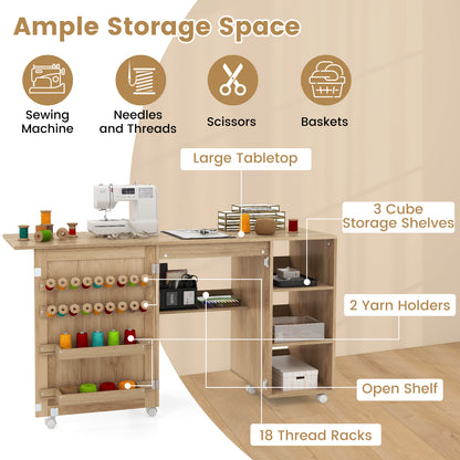 Multifunctional Sewing Machine Craft Station with Storage Shelves-Natural