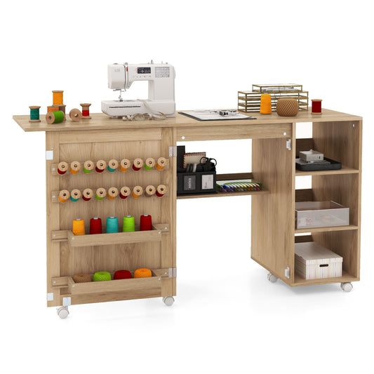Multifunctional Sewing Machine Craft Station with Storage Shelves-Natural