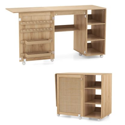 Multifunctional Sewing Machine Craft Station with Storage Shelves-Natural