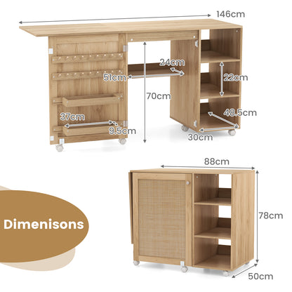 Multifunctional Sewing Machine Craft Station with Storage Shelves-Natural