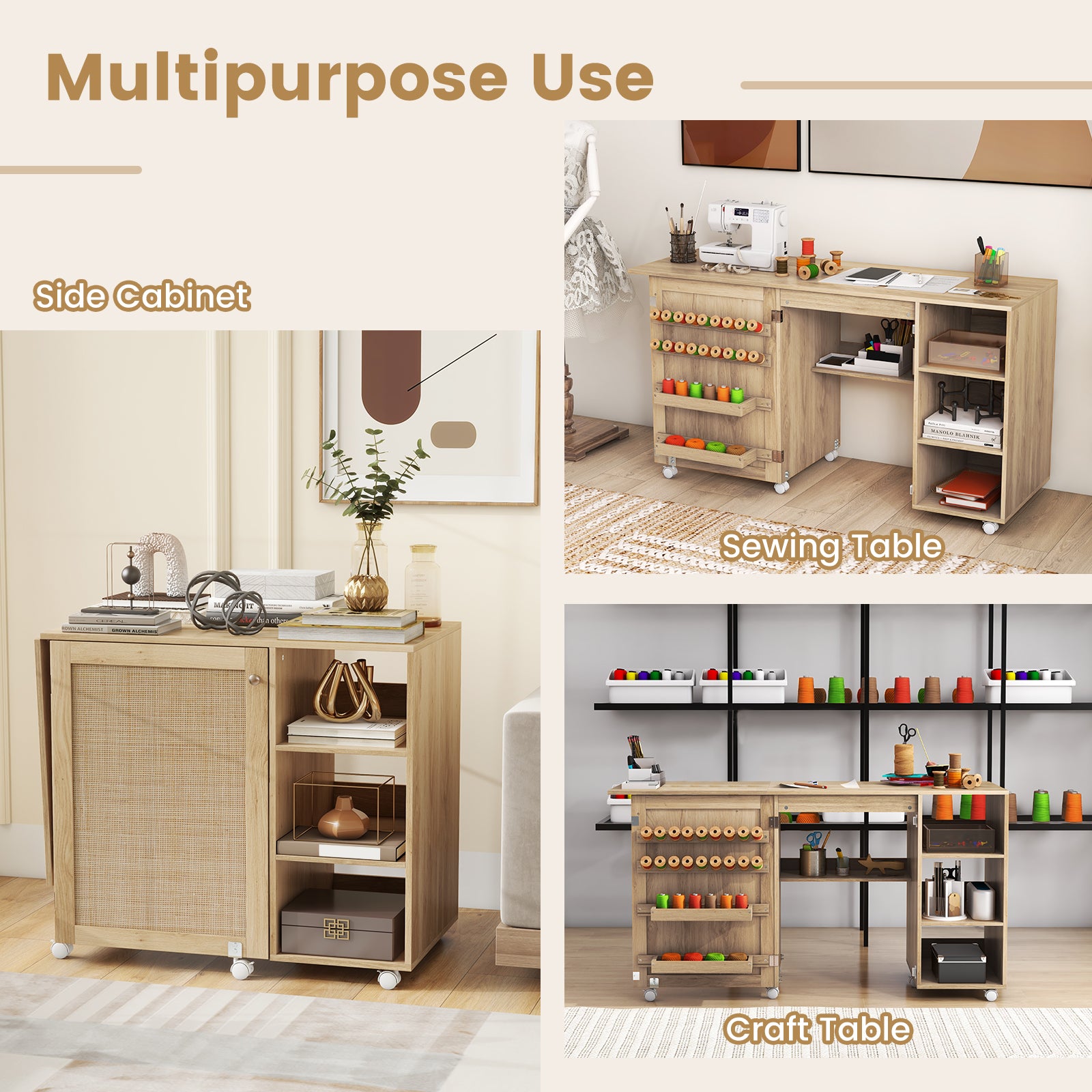 Multifunctional Sewing Machine Craft Station with Storage Shelves-Natural