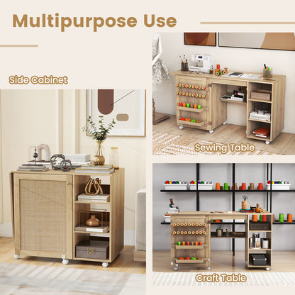 Multifunctional Sewing Machine Craft Station with Storage Shelves-Natural