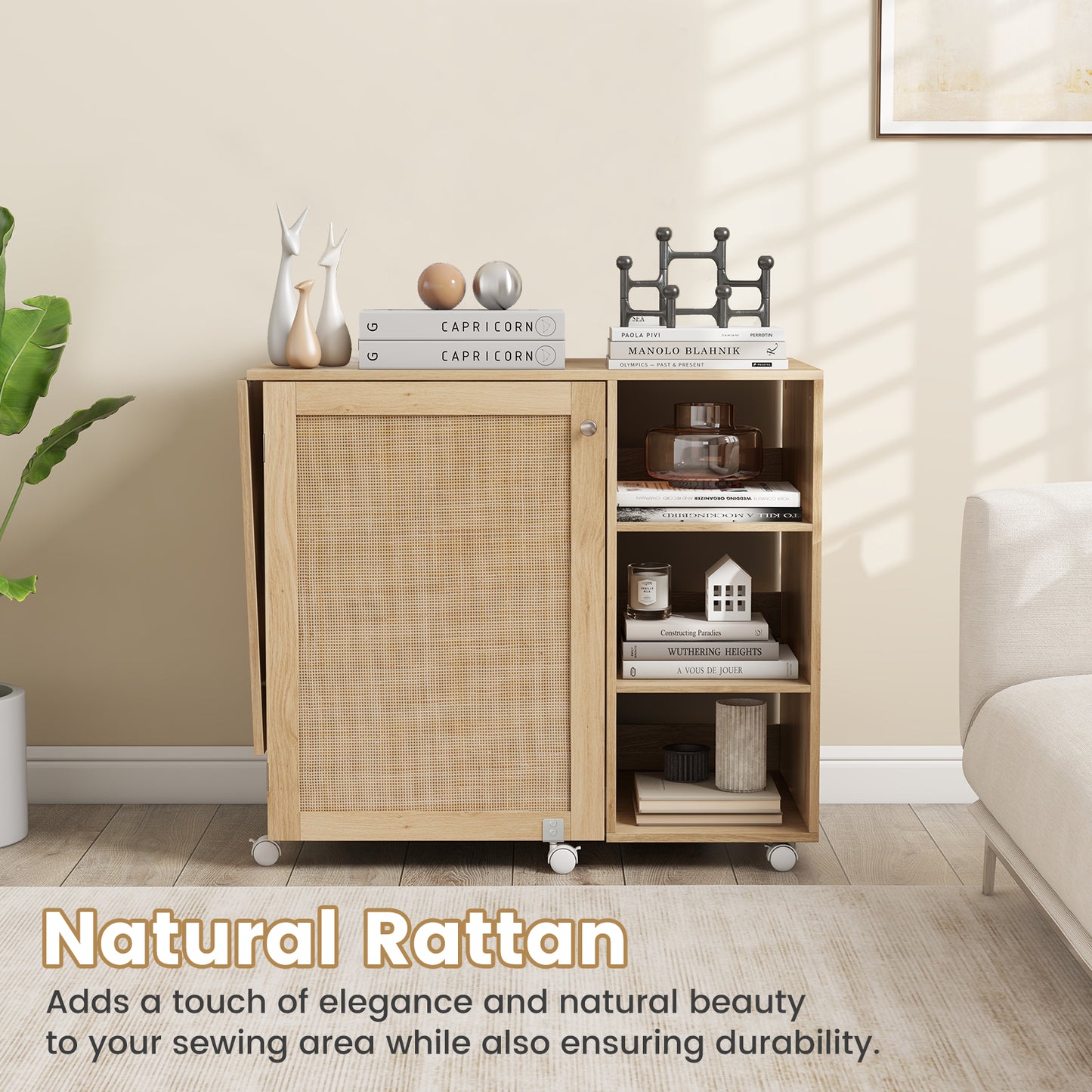 Multifunctional Sewing Machine Craft Station with Storage Shelves-Natural