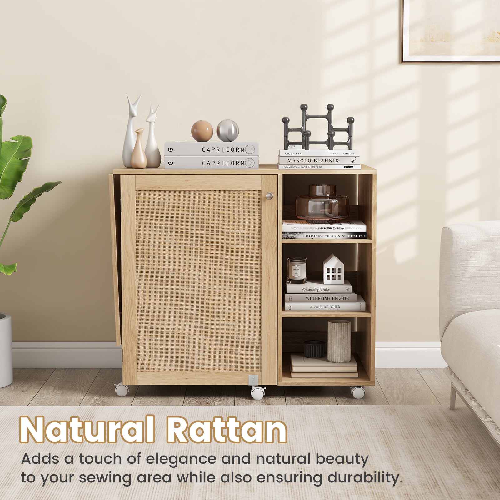 Multifunctional Sewing Machine Craft Station with Storage Shelves-Natural