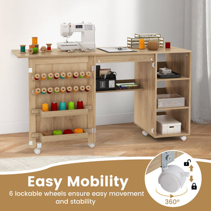 Multifunctional Sewing Machine Craft Station with Storage Shelves-Natural