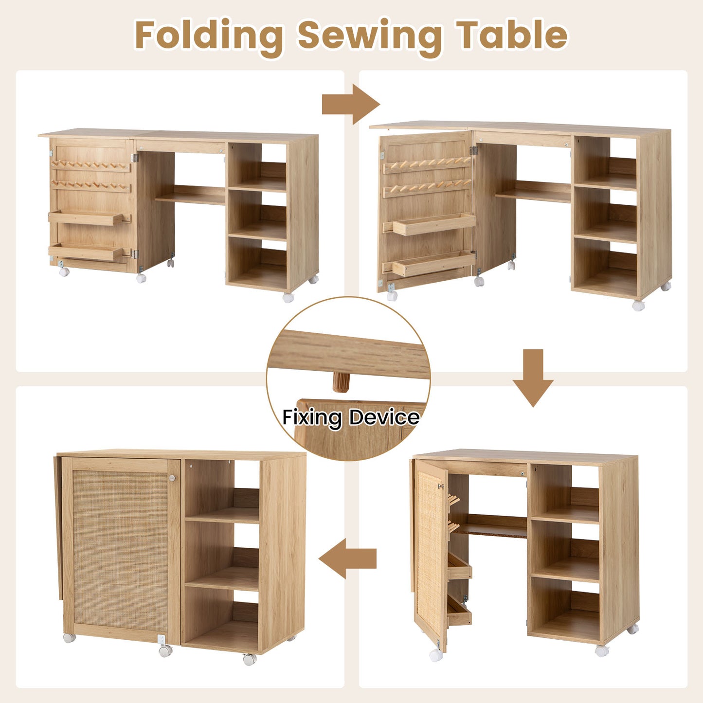 Multifunctional Sewing Machine Craft Station with Storage Shelves-Natural