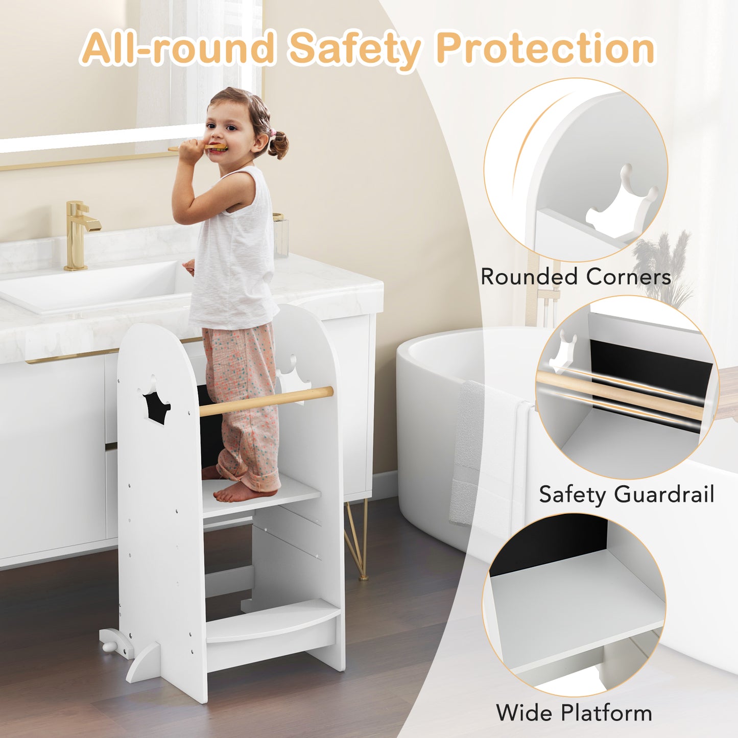 Multipurpose Wooden Kids Kitchen Tower with 3-Level Adjustable Platform-White