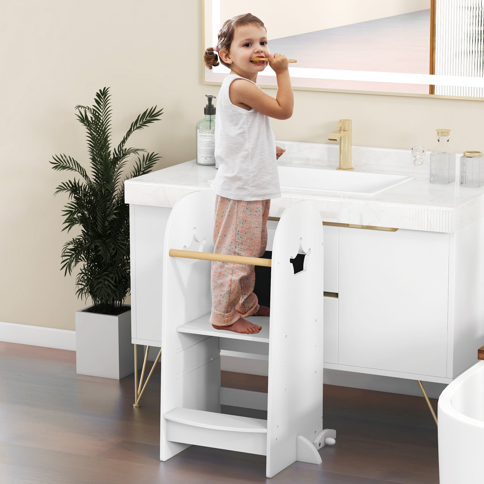 Multipurpose Wooden Kids Kitchen Tower with 3-Level Adjustable Platform-White