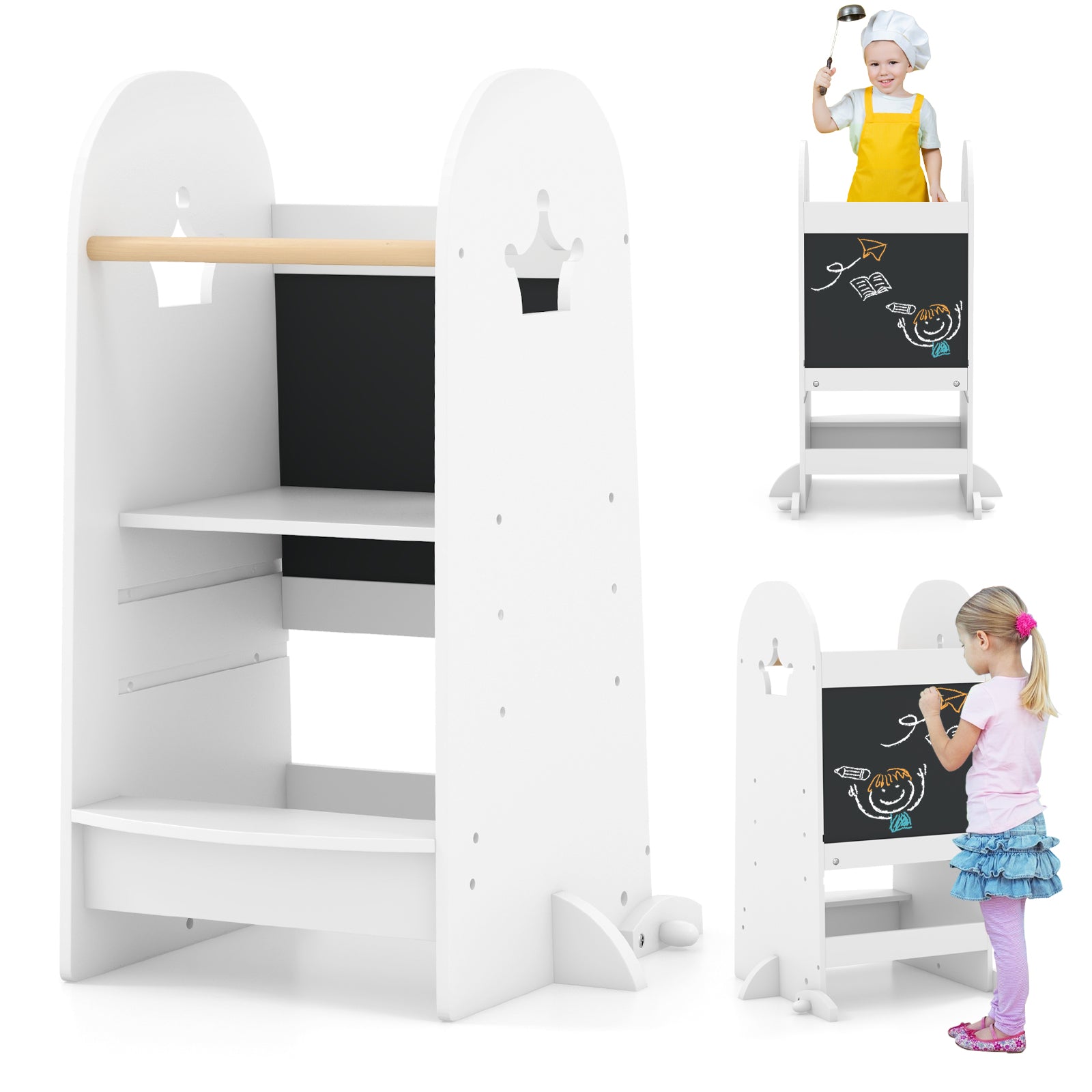 Multipurpose Wooden Kids Kitchen Tower with 3-Level Adjustable Platform-White