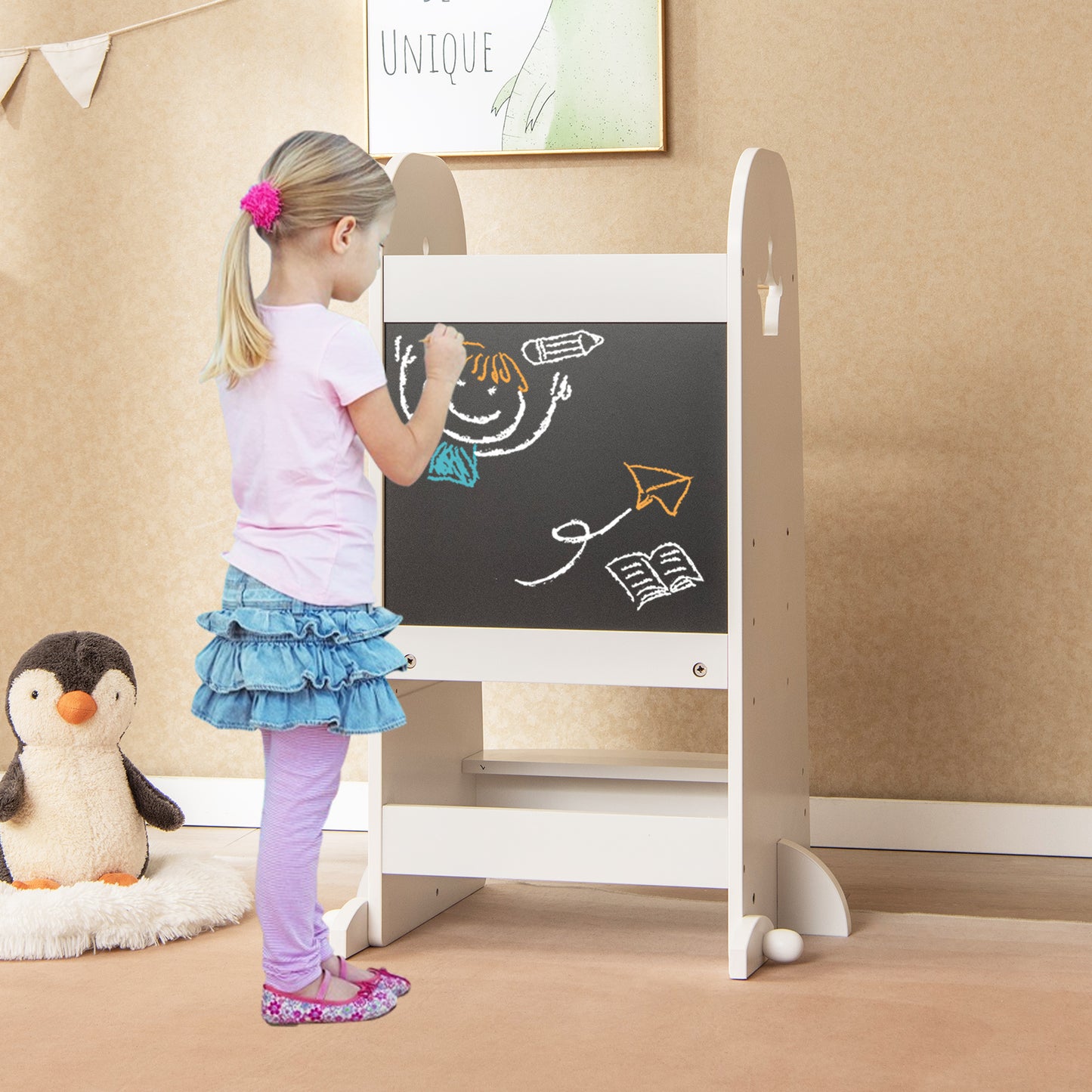 Multipurpose Wooden Kids Kitchen Tower with 3-Level Adjustable Platform-White
