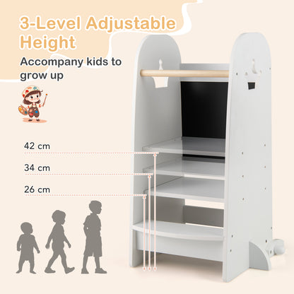 Multipurpose Wooden Kids Kitchen Tower with 3-Level Adjustable Platform-White