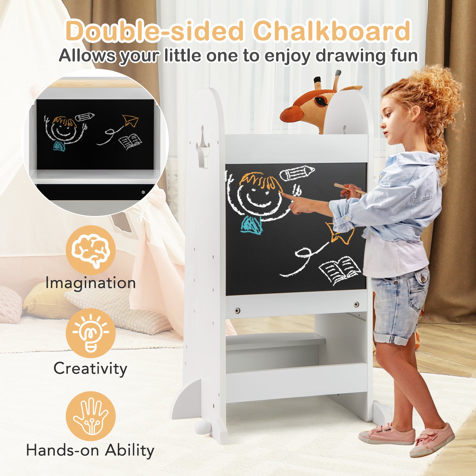 Multipurpose Wooden Kids Kitchen Tower with 3-Level Adjustable Platform-White