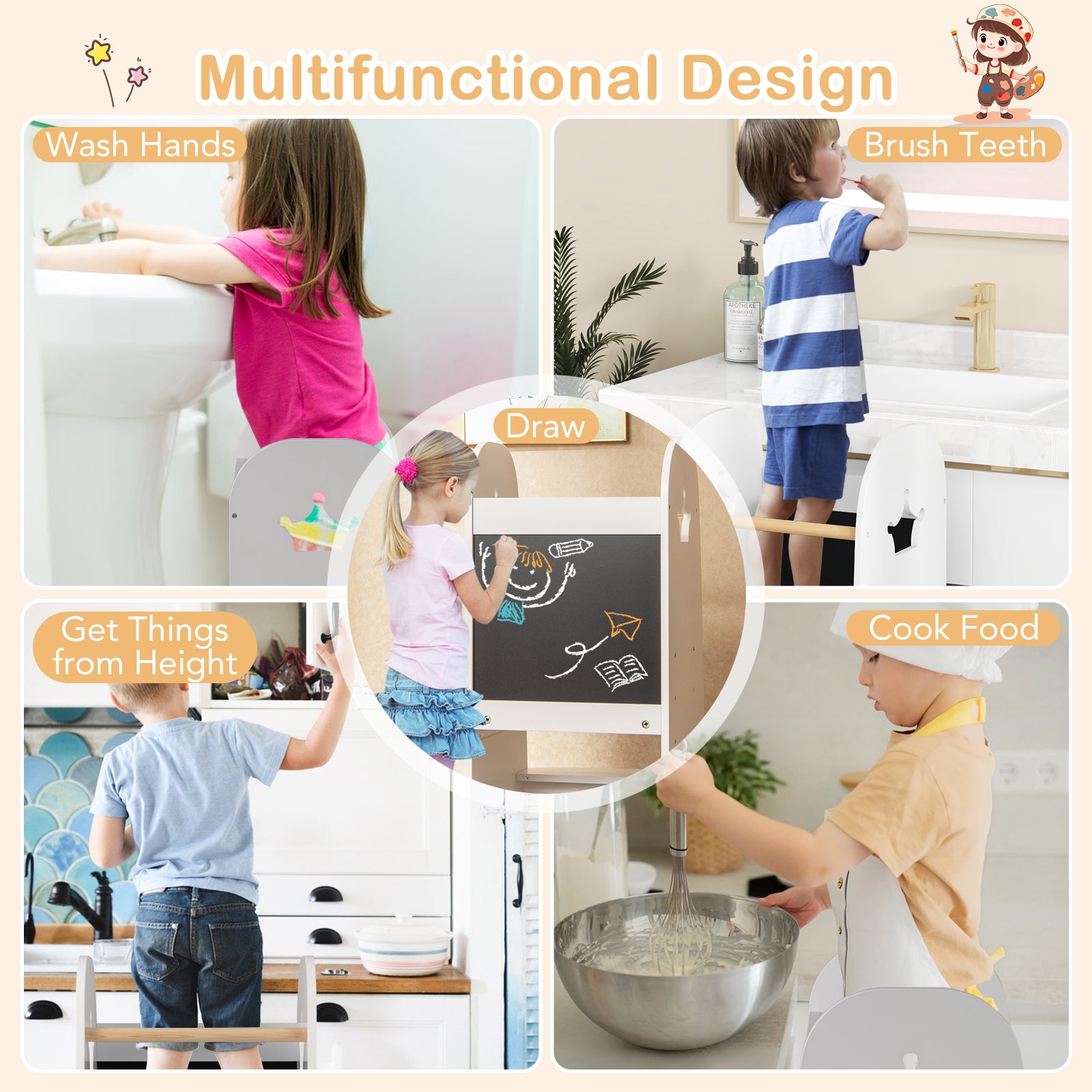 Multipurpose Wooden Kids Kitchen Tower with 3-Level Adjustable Platform-White