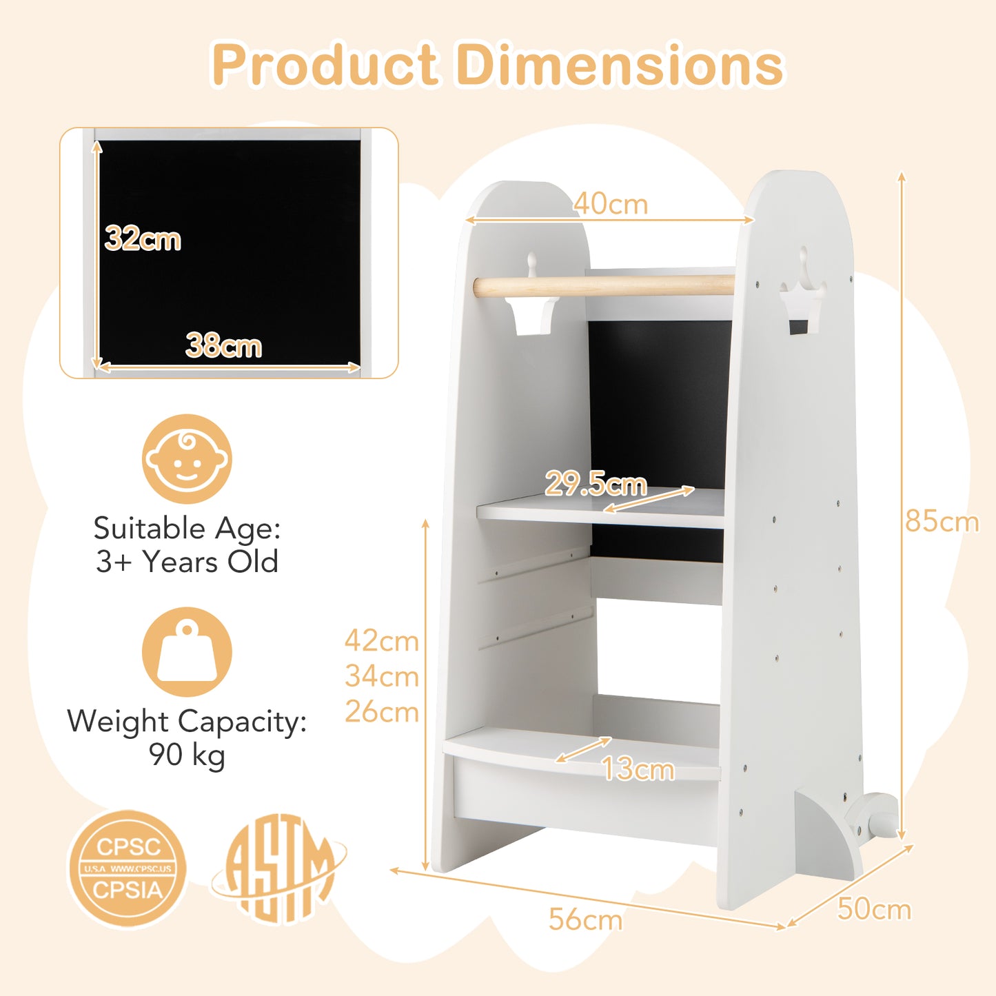 Multipurpose Wooden Kids Kitchen Tower with 3-Level Adjustable Platform-White