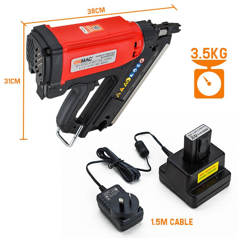 34° Cordless Gas Framing Nailer with 0.05-0.09m Nails & Dual Li-Ion Batteries