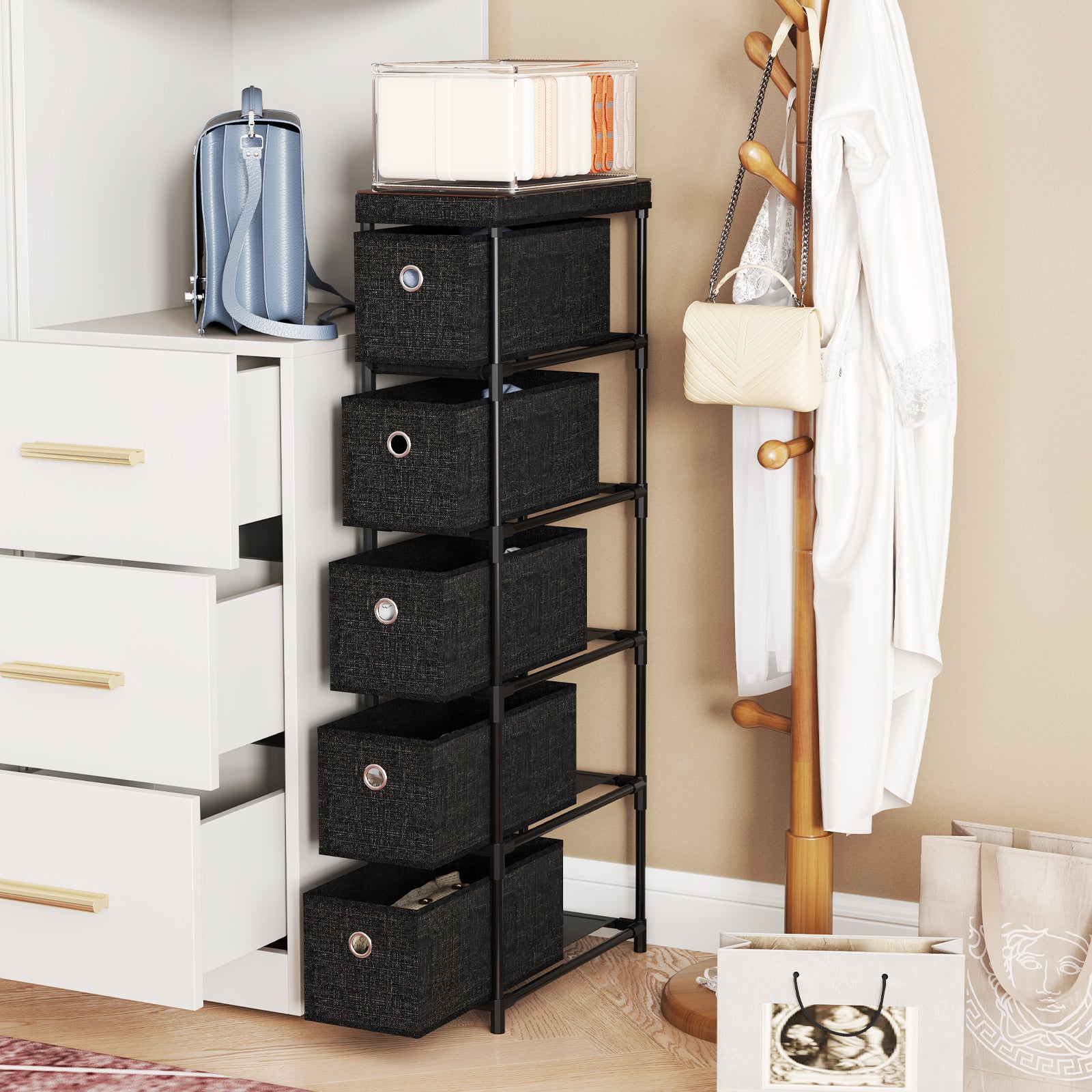 Narrow Dresser with 5 Drawers and Easy Pull Handles for Living Room-Black
