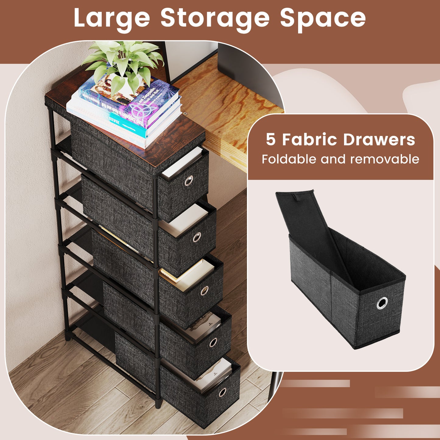 Narrow Dresser with 5 Drawers and Easy Pull Handles for Living Room-Black