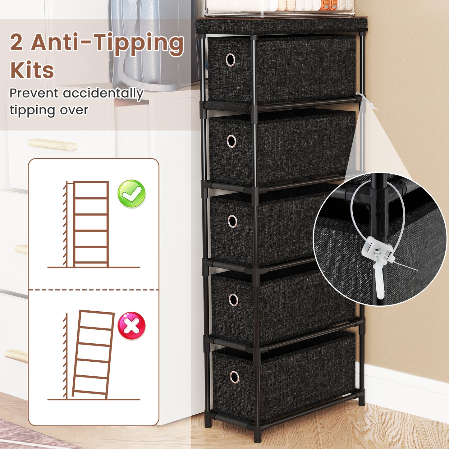 Narrow Dresser with 5 Drawers and Easy Pull Handles for Living Room-Black