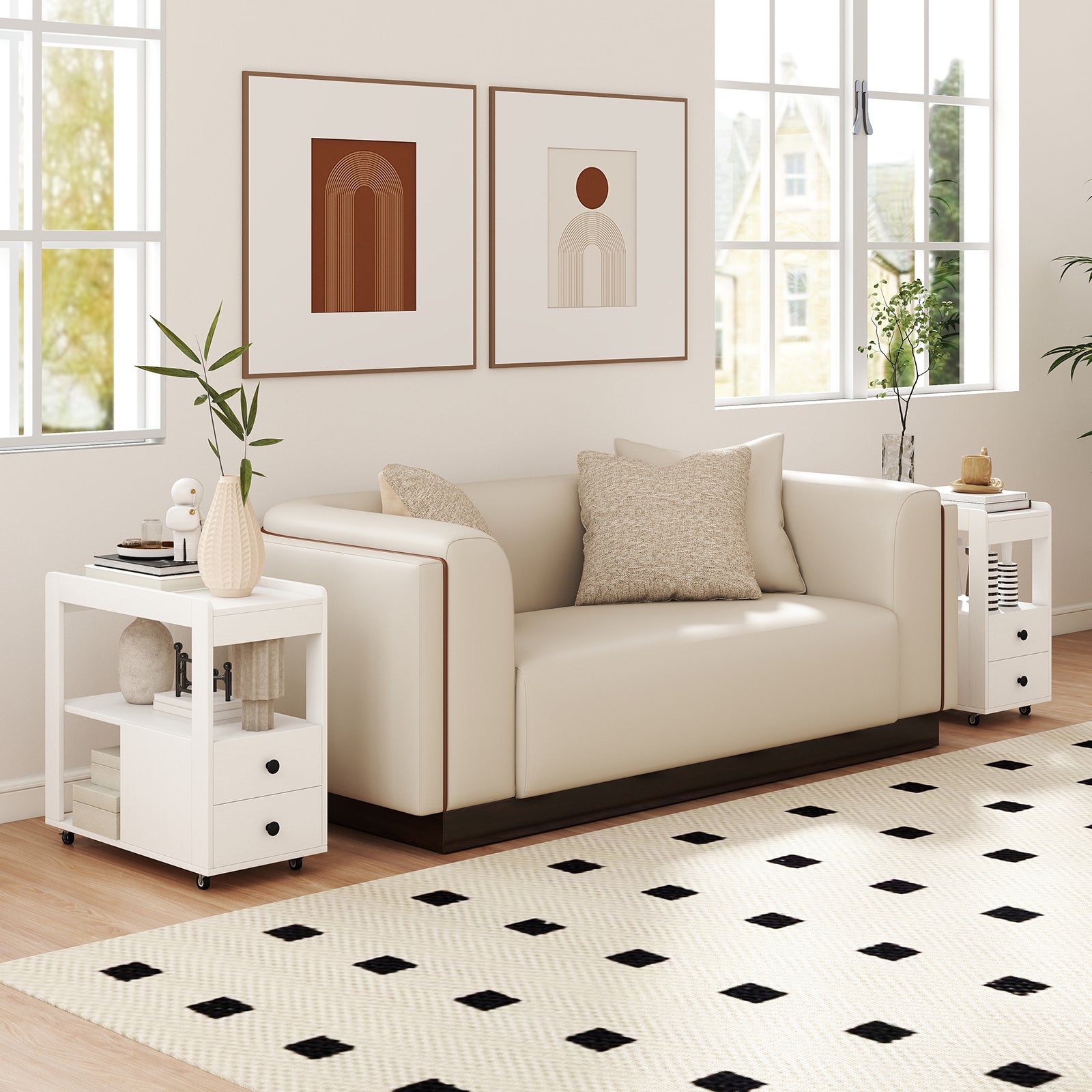 Narrow End Table Modern 2-Drawer Sofa Side Table with Open Shelves-White