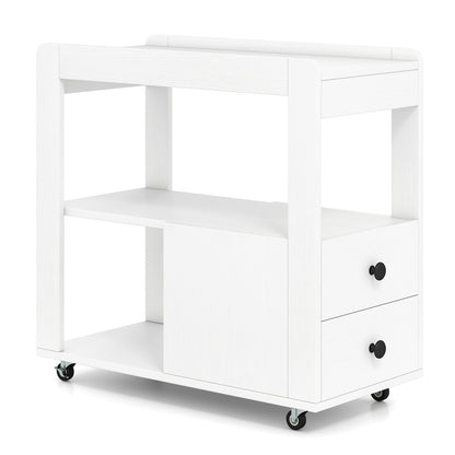 Narrow End Table Modern 2-Drawer Sofa Side Table with Open Shelves-White