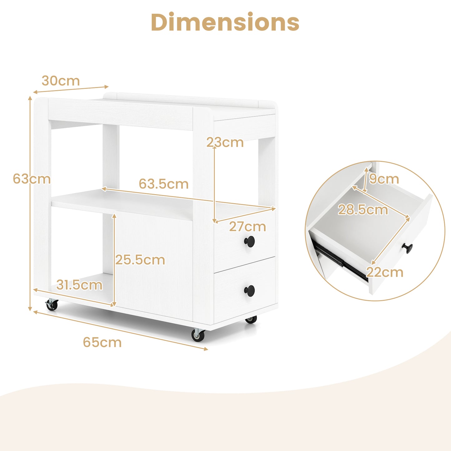 Narrow End Table Modern 2-Drawer Sofa Side Table with Open Shelves-White