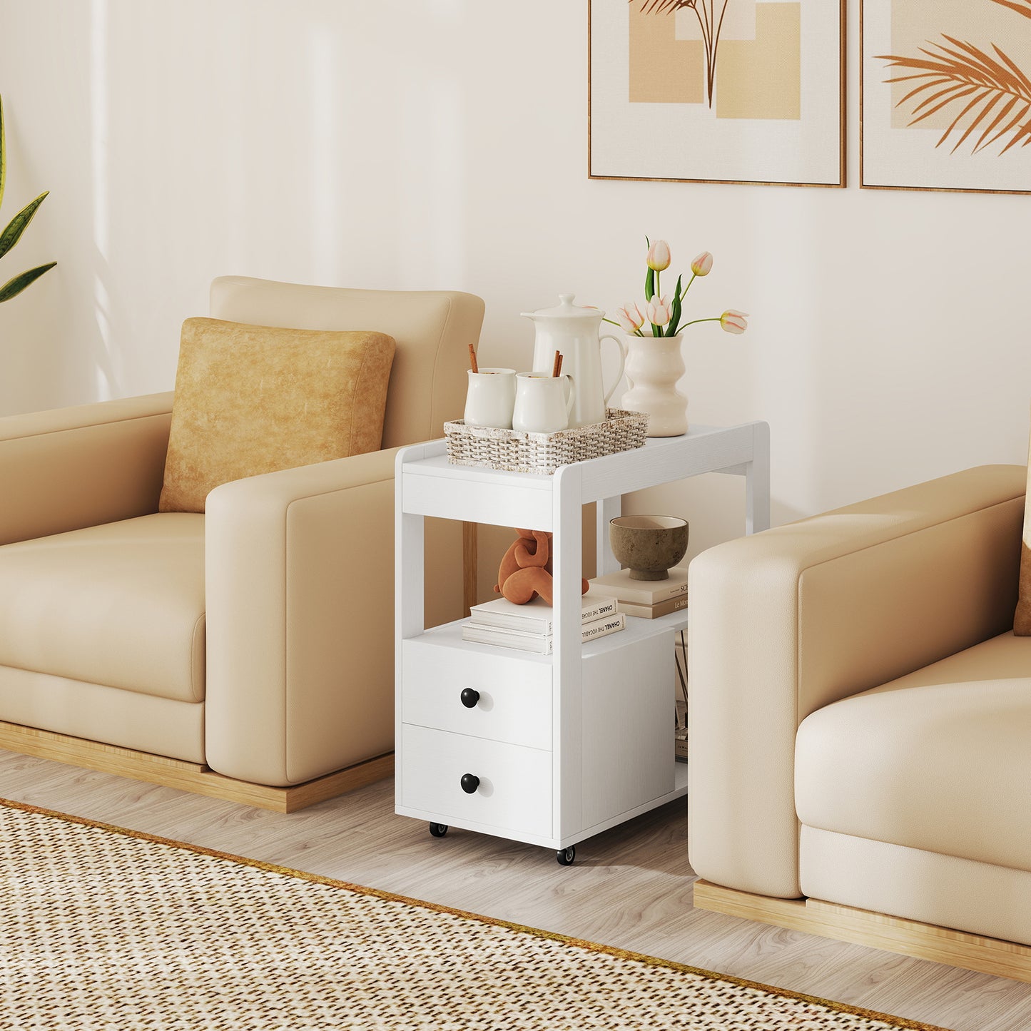 Narrow End Table Modern 2-Drawer Sofa Side Table with Open Shelves-White