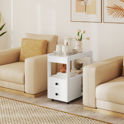 Narrow End Table Modern 2-Drawer Sofa Side Table with Open Shelves-White