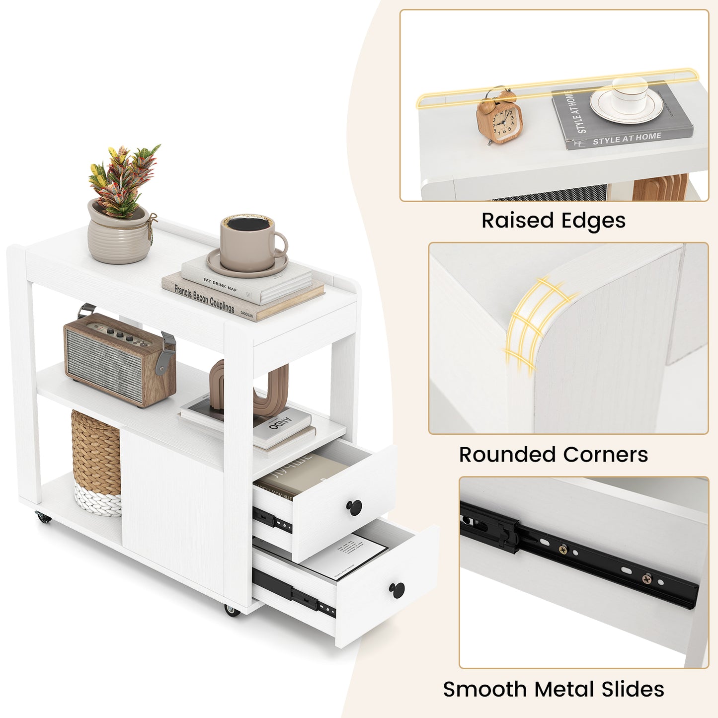 Narrow End Table Modern 2-Drawer Sofa Side Table with Open Shelves-White