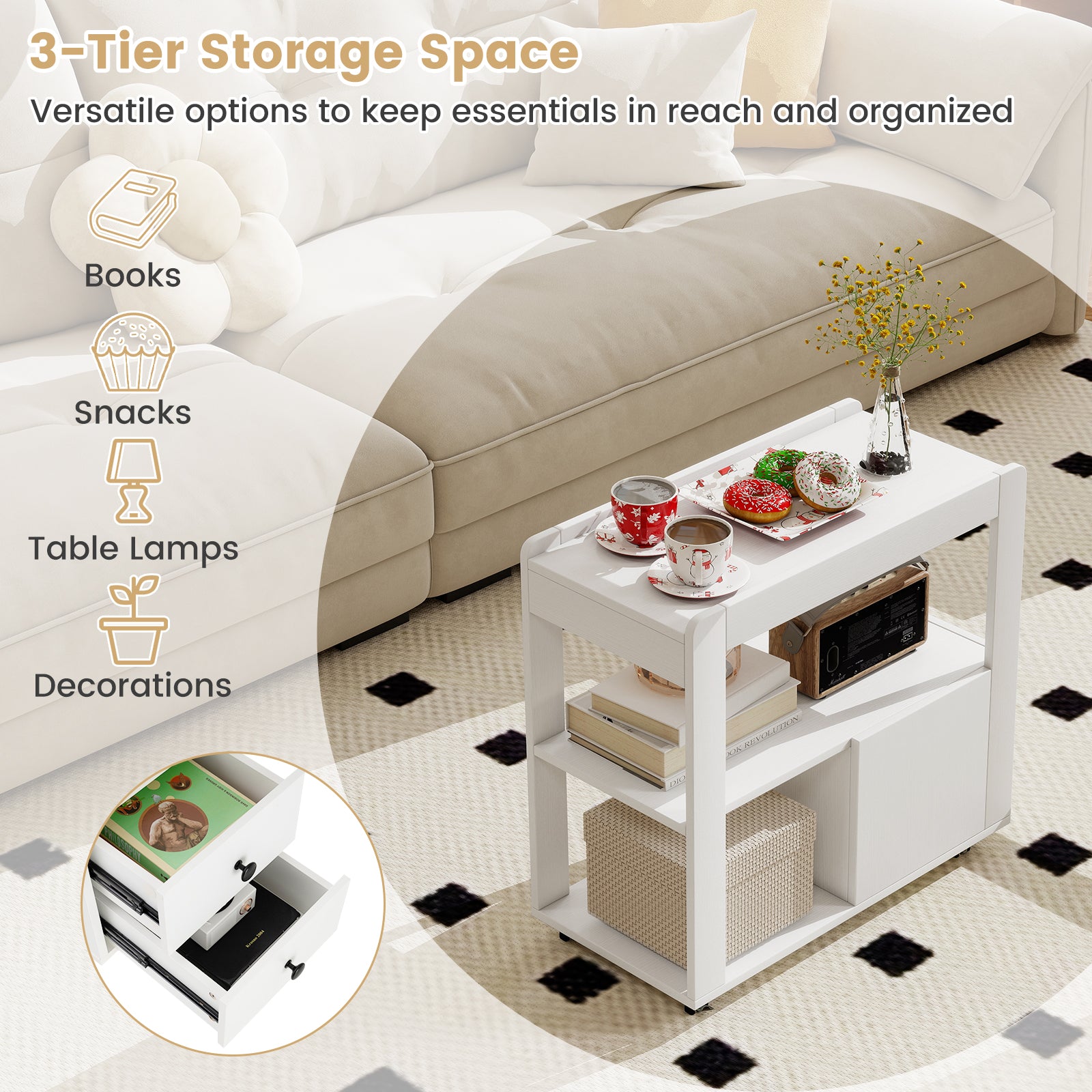 Narrow End Table Modern 2-Drawer Sofa Side Table with Open Shelves-White