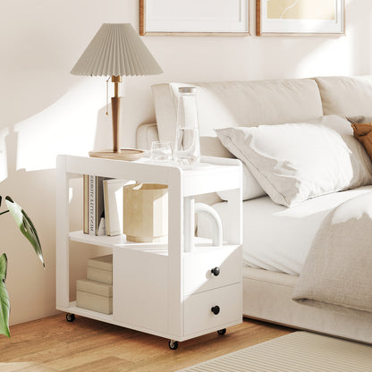 Narrow End Table Modern 2-Drawer Sofa Side Table with Open Shelves-White-Set of 2
