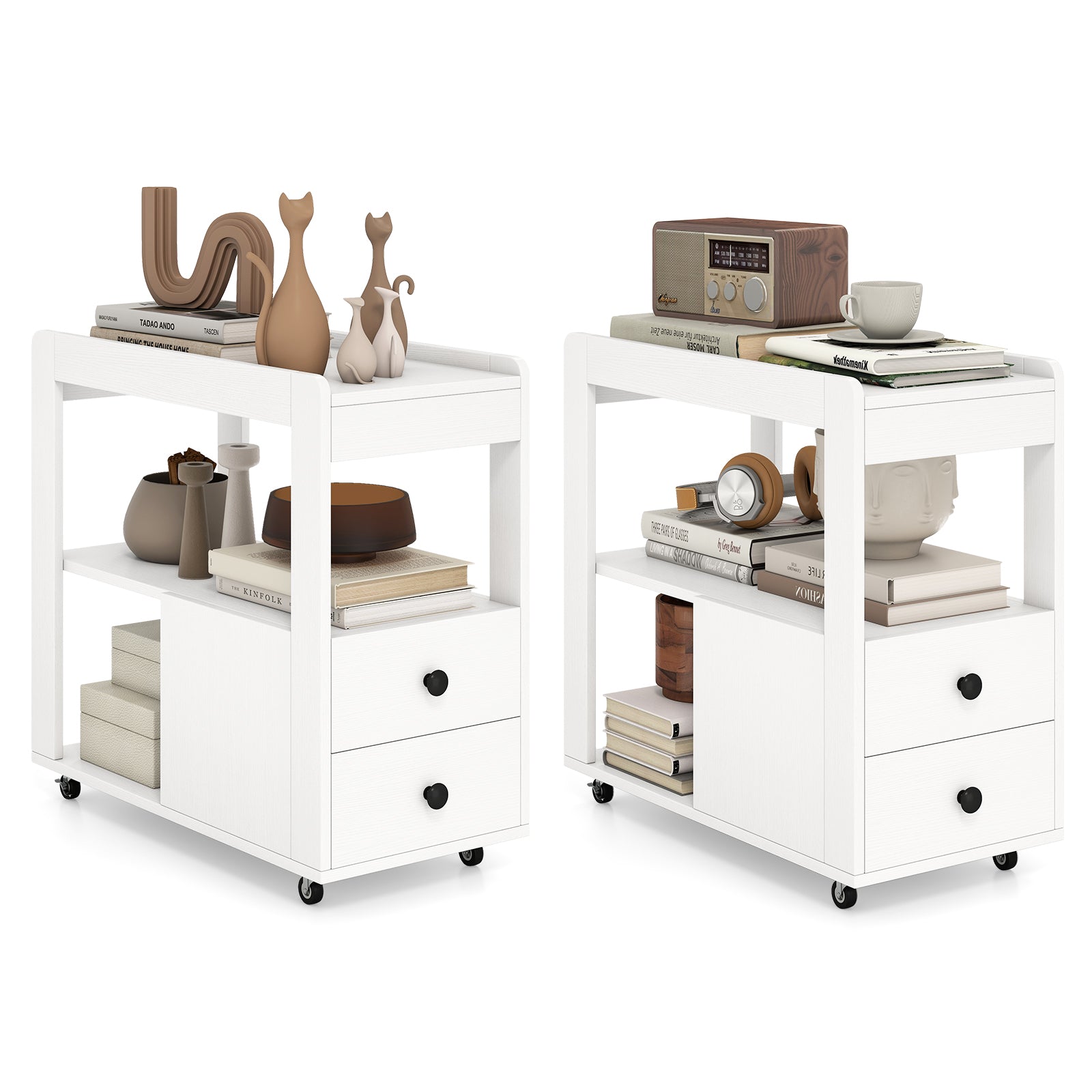 Narrow End Table Modern 2-Drawer Sofa Side Table with Open Shelves-White-Set of 2