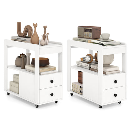 Narrow End Table Modern 2-Drawer Sofa Side Table with Open Shelves-White-Set of 2