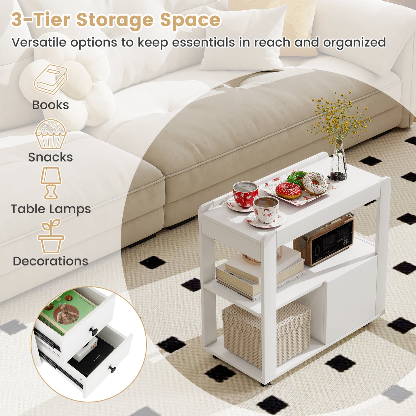 Narrow End Table Modern 2-Drawer Sofa Side Table with Open Shelves-White-Set of 2