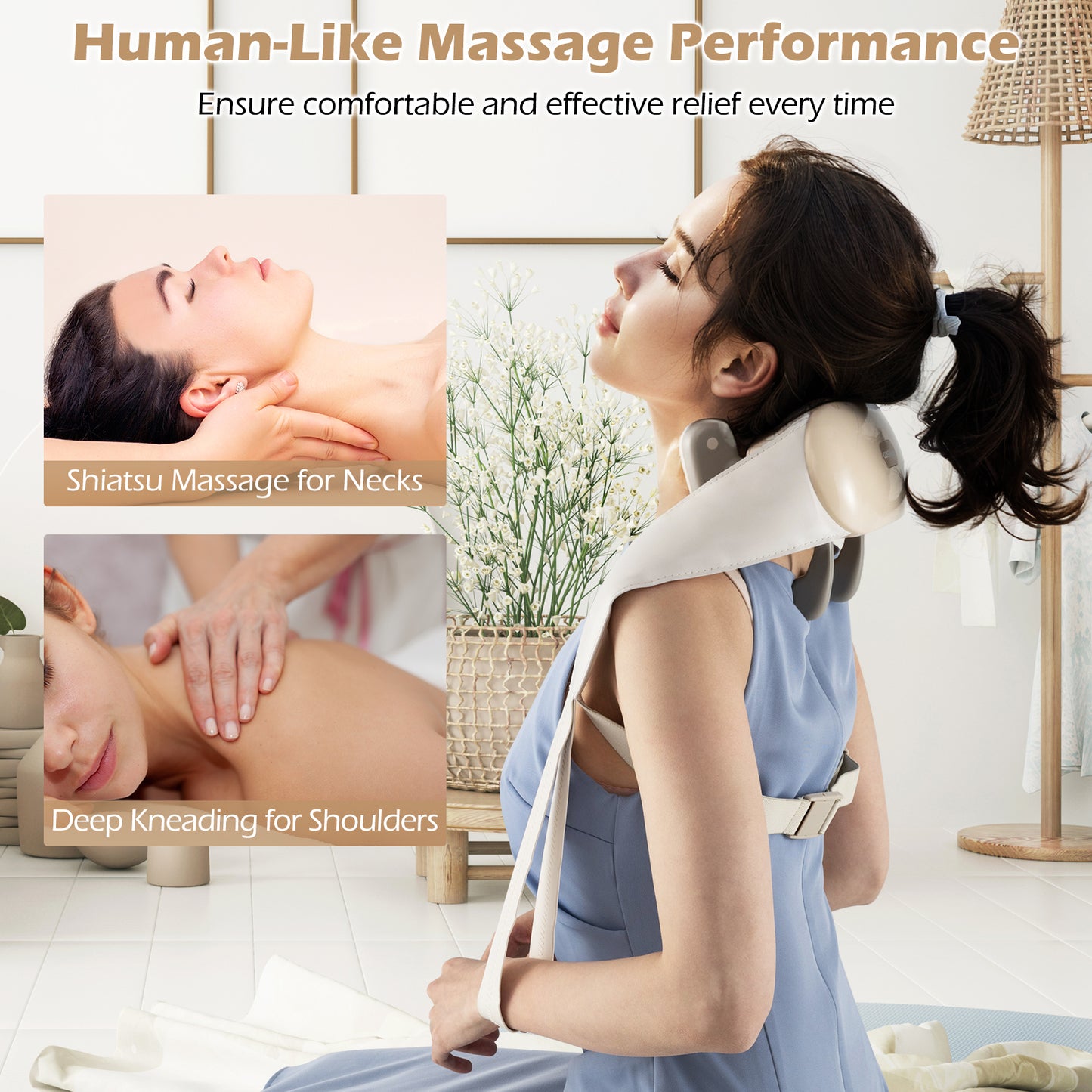 Neck Shoulder Massager 4D Deep Tissue Kneading Shiatsu Massage Machine-Beige