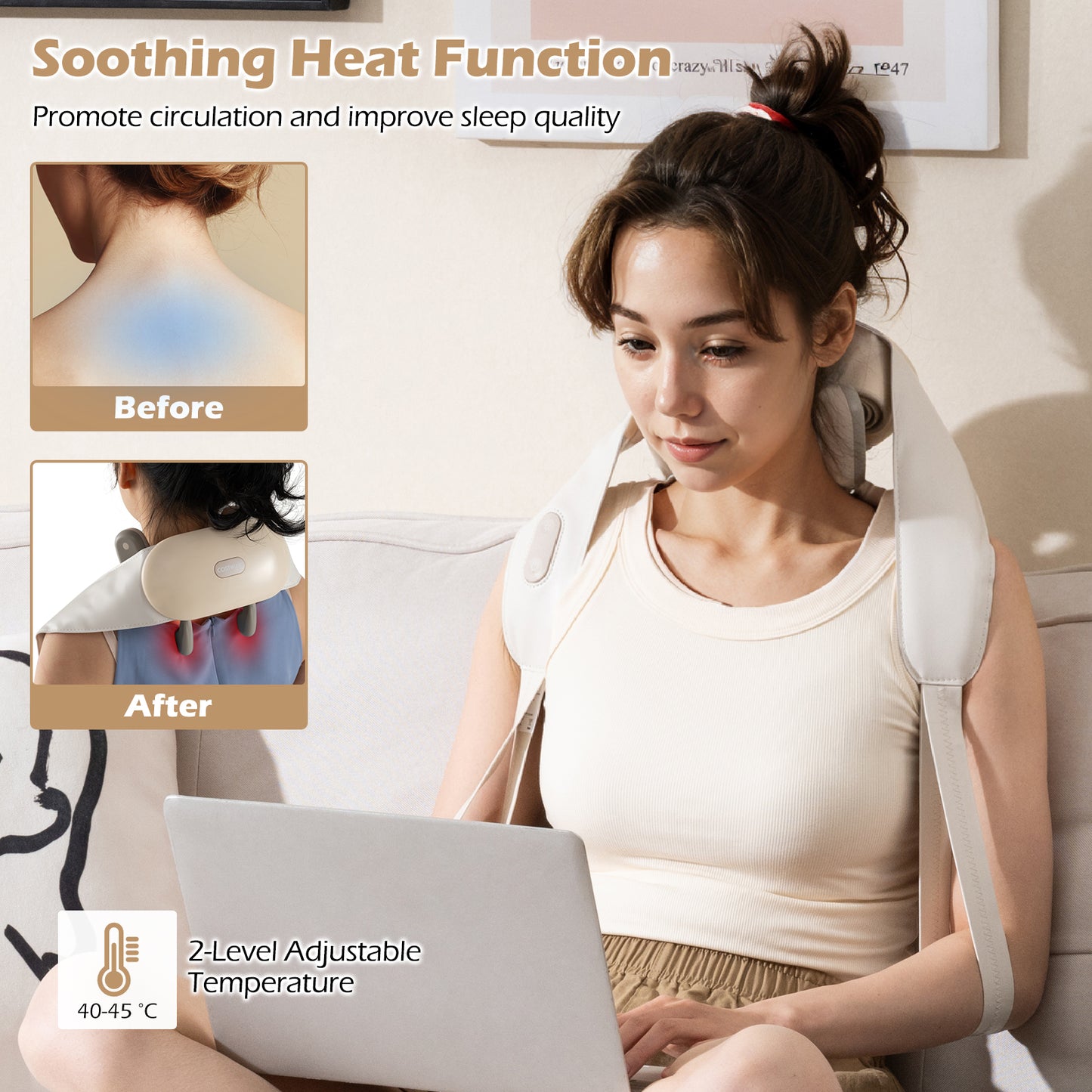 Neck Shoulder Massager 4D Deep Tissue Kneading Shiatsu Massage Machine-Beige
