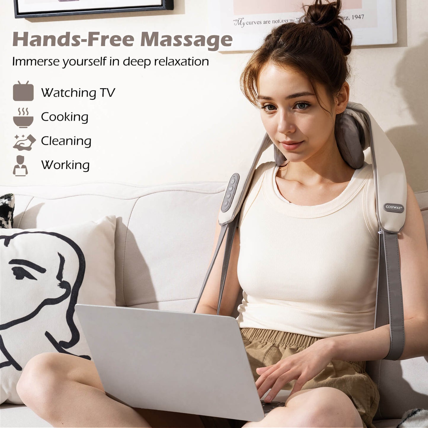 Neck Shoulder Massager 4D Tissue Kneading Shiatsu with 2 Heating Levels-Beige