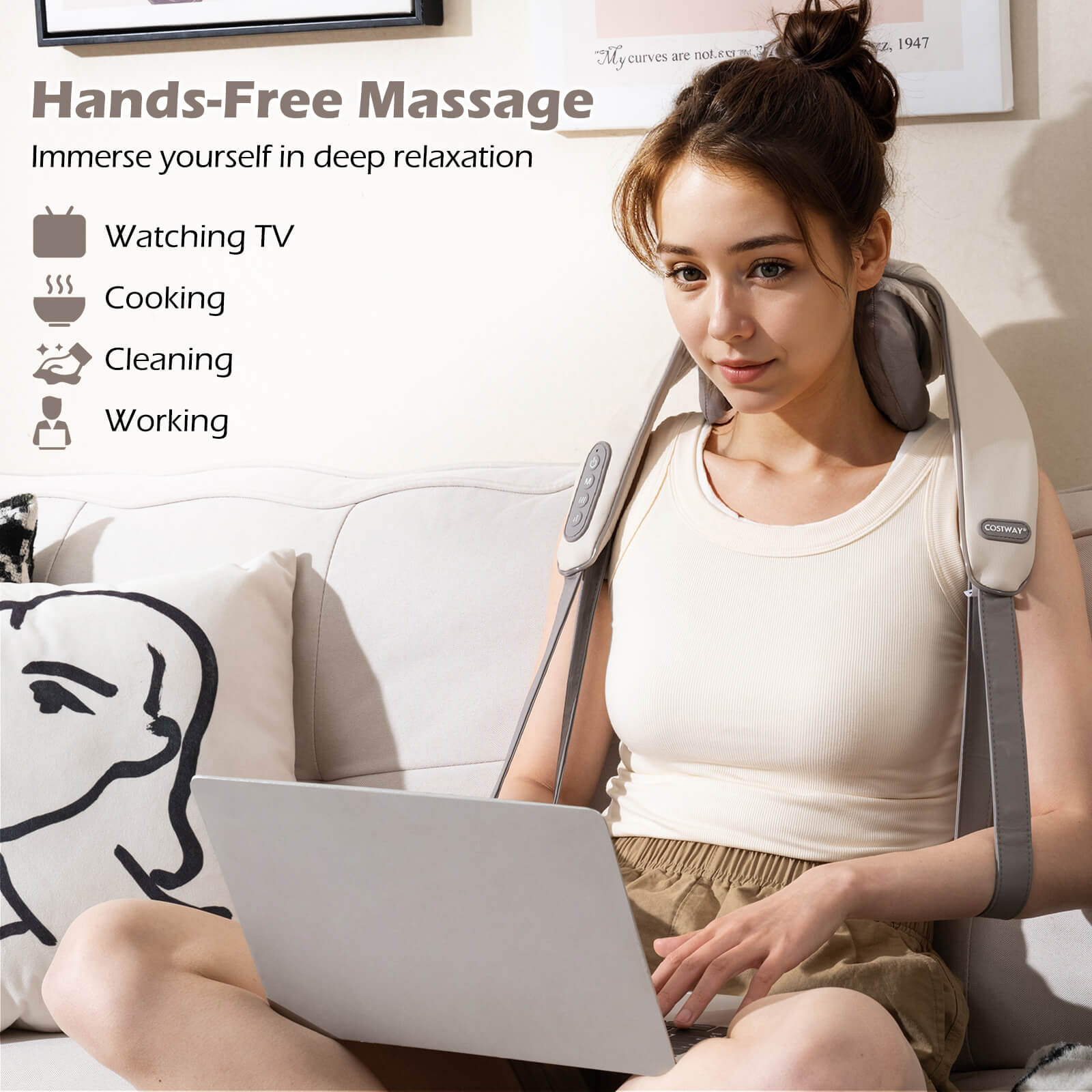 Neck Shoulder Massager 4D Tissue Kneading Shiatsu with 2 Heating Levels-Beige