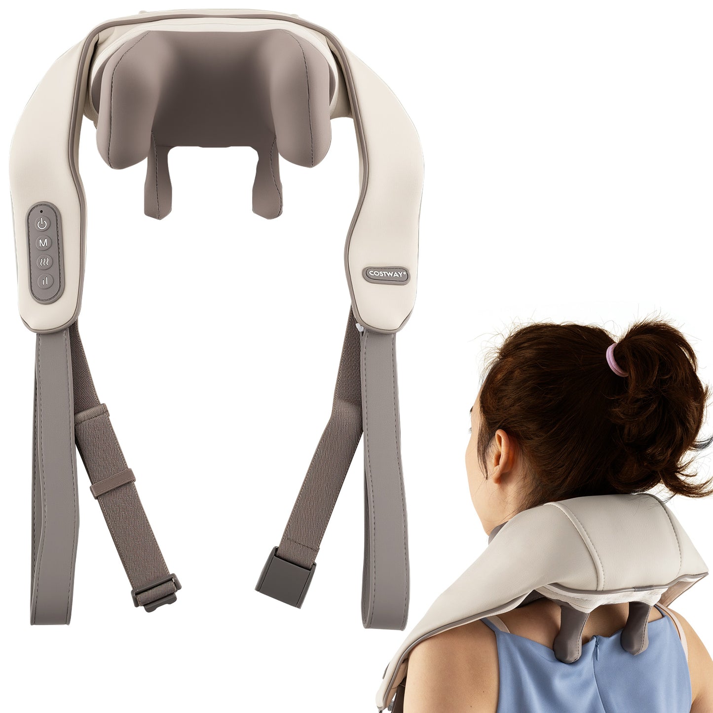 Neck Shoulder Massager 4D Tissue Kneading Shiatsu with 2 Heating Levels-Beige