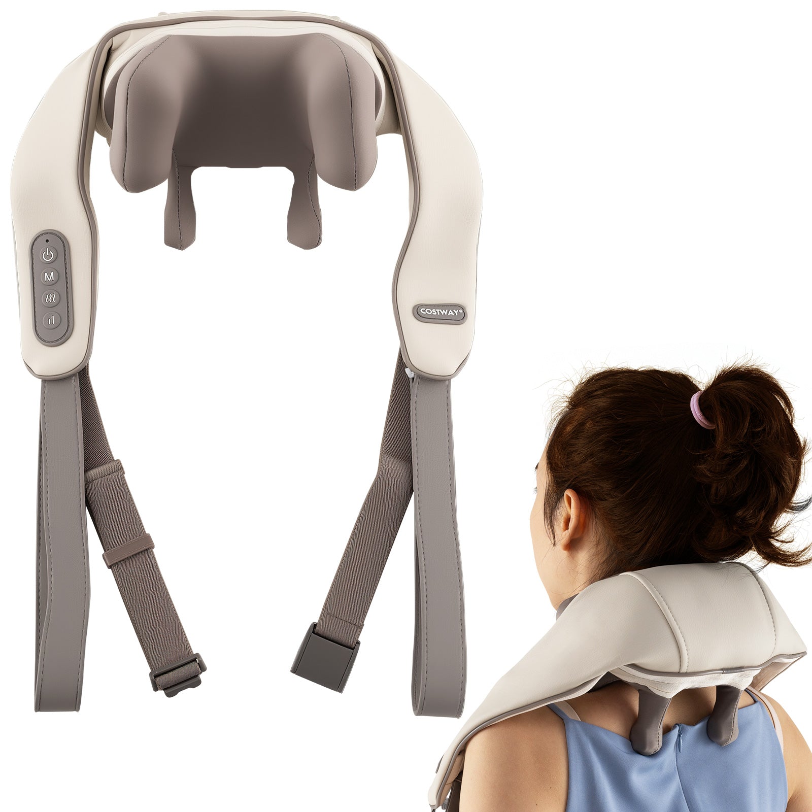 Neck Shoulder Massager 4D Tissue Kneading Shiatsu with 2 Heating Levels-Beige